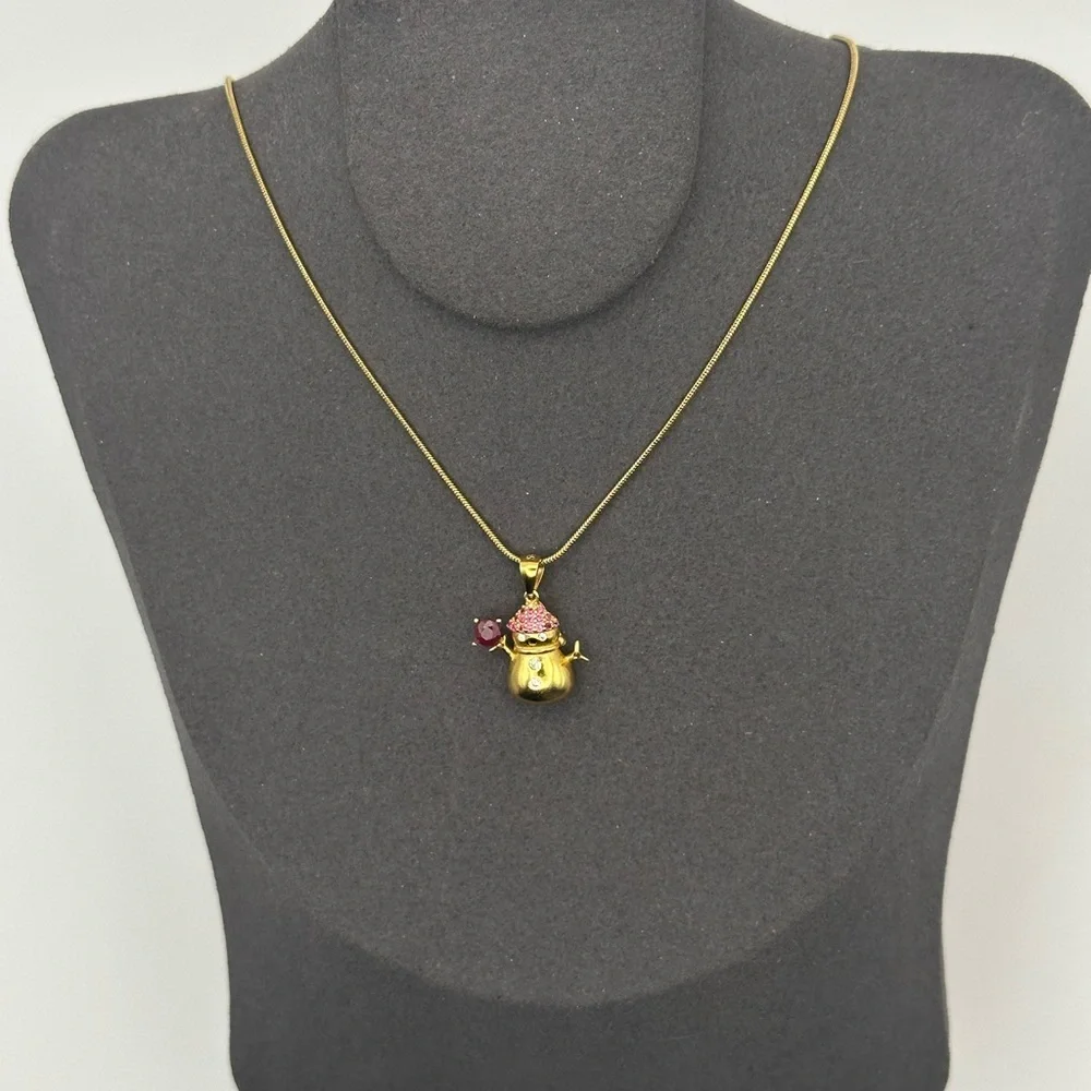 Adorable Gold and Rhodolite Snowman Pendant Necklace - Picture 3 of 11
